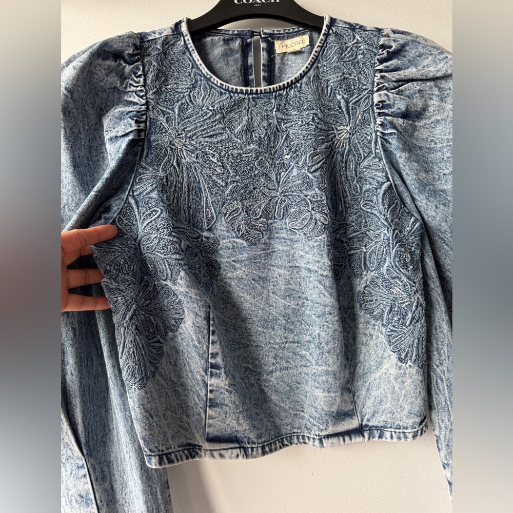 Pilcro Blue Embroidered Puff-Sleeve Denim Crop Top - Picture 8 of 16